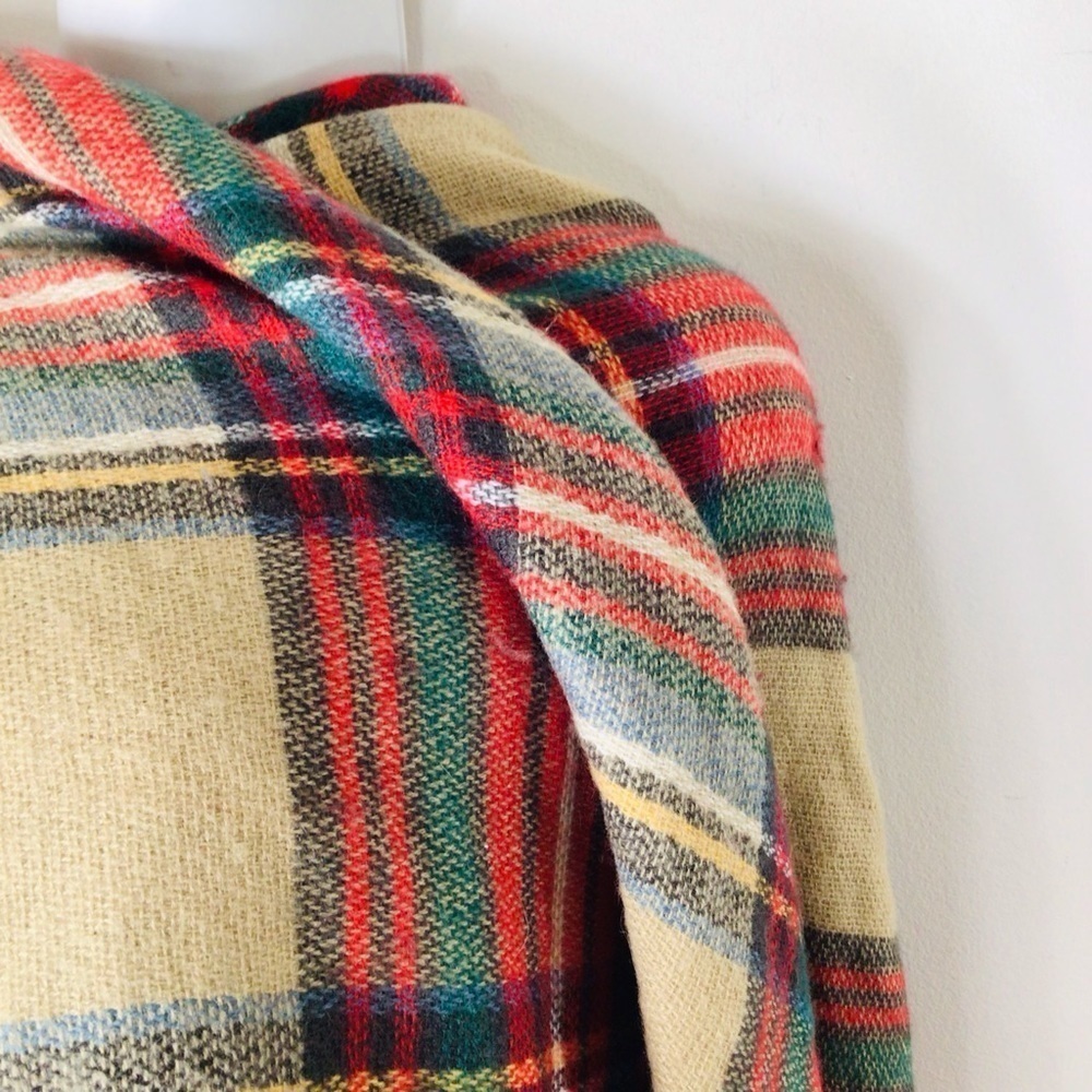 Red tan plaid scarf fringe boho